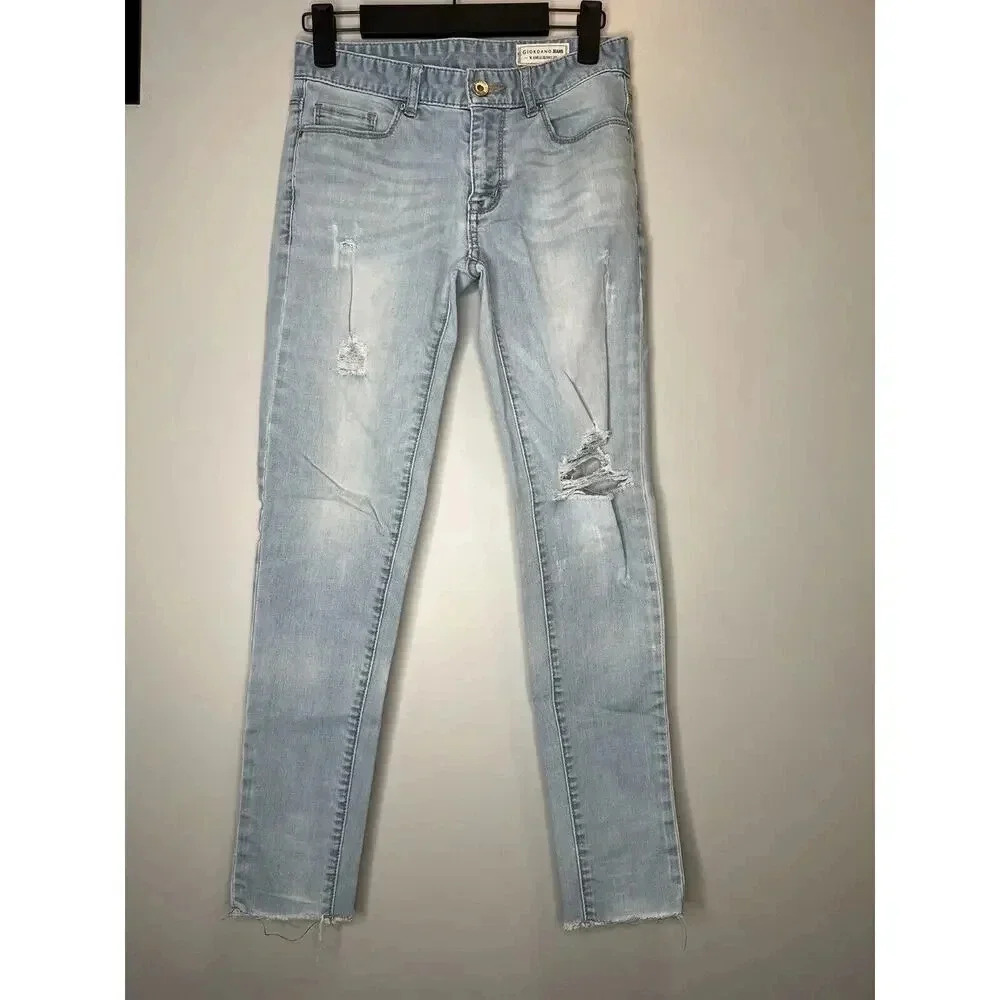 Giordano Jeans Sz 26 Skinny Ankle Fit Blue Distressed Raw Hem Mid Rise Pants